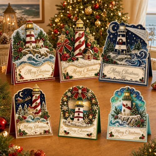 6 Pcs DIY Christmas Pearl Diamond Art Cards for Adults，Lighthouse by Unknown