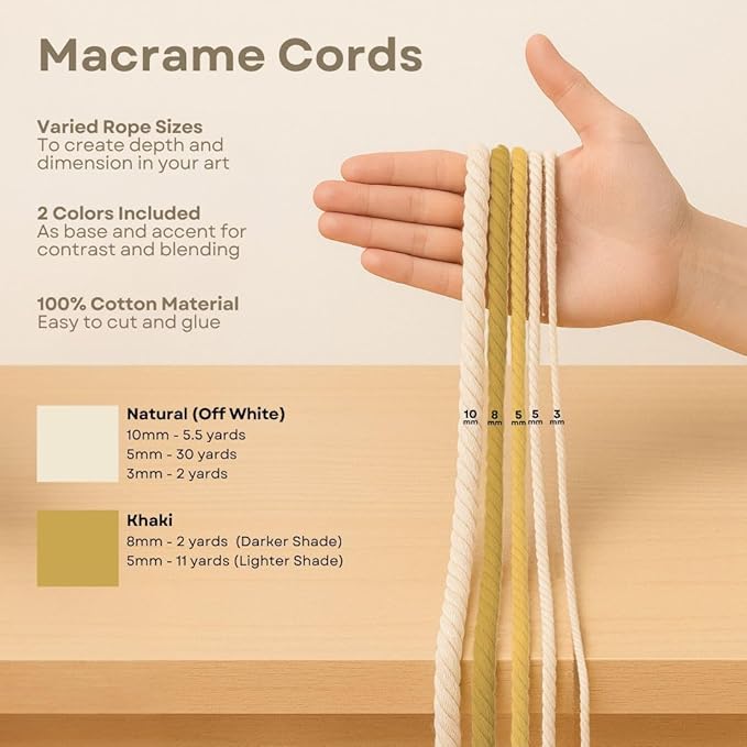 Macrame Kit for Beginners - DIY Rope Canvas Wall Art Kit with Ropes Supplies & Tools | DIY Macrame Art Wall Hanging Decor Starter Set, Craft Kits for Adults, Boho Aesthetic Home Decoration (Khaki)