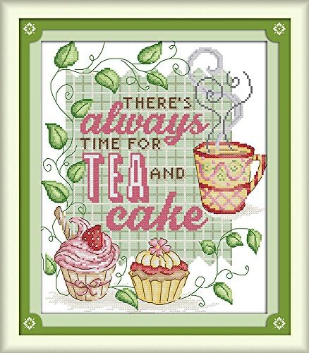 Howie's Needlepoint Cross Stitch Kits, 14CT Pre-Printed Pattern Needlepoint Kits, Full Range of Stamped Starter Kits (Tea and Cake, 11.8 x 13.4 Inch) by HowiesNeedlepoint