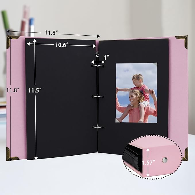 Scrapbook Album 12" x 12" DIY Scrapbook Photo Album Hardcover Kraft Paper 3 Rings Memory Book for Wedding, Anniversary, Travel, Family, Pink
