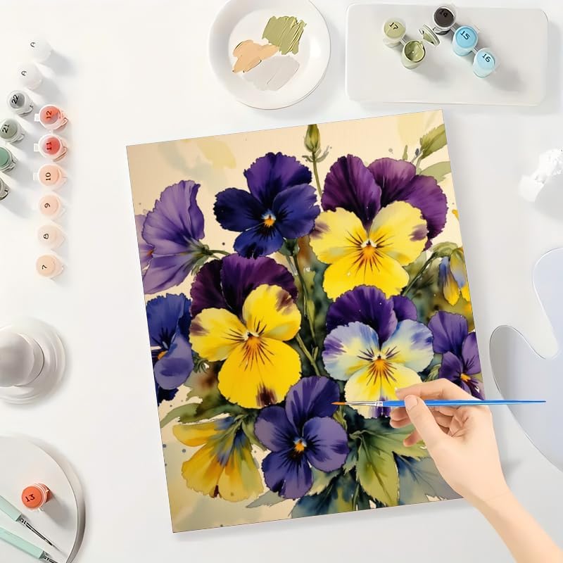 Floral Paint by Numbers Kit for Adults - DIY Purple and Yellow Pansies Painting on Canvas 16x20 Inches, Acrylic Paint Set, Suitable for Beginners, Art for Home Decoration or Gifts - Image 3