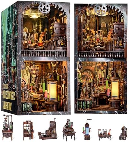 fifijoy Book Nook Kit, DIY Miniature Dollhouse Booknook Kit, 3D Wooden Puzzle Bookend Bookshelf Insert Decor with LED Light for Teens and Adults (Steampunk Mad Scientist Laboratory) by fifijoy