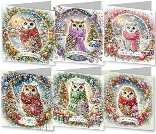 6Pcs Christmas Greeting Card DIY Diamond Art Painting Greeting Cards Blessing Folding Card Kit with White Envelopes Diamond Arts Crafts for Birthday Festival Gift-Owl by BAYUNOESparkDiamondCraft