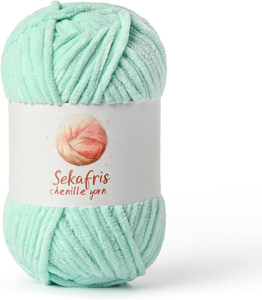 Mint Green Chunky Chenille Yarn for Crocheting, Bulky Velvet Yarns for Crochet, Baby Yarn for Crocheting Soft Blanket, 131yds /3.53 oz Fluffy Amigurumi Crochet Yarn