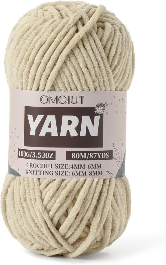 Light Khaki Fluffy Chenille Yarn for Crocheting - Baby Yarn for Crocheting Soft Blanket - (100g/87.4yds) Crochet Amigurumi Chunky Yarns - Super Bulky 5 Velvet Yarns