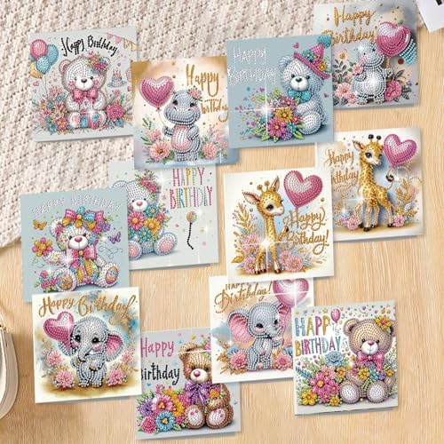 Diamond Art Painting Birthday Cards 12 Pack Cute Animal DIY Craft - Image 2