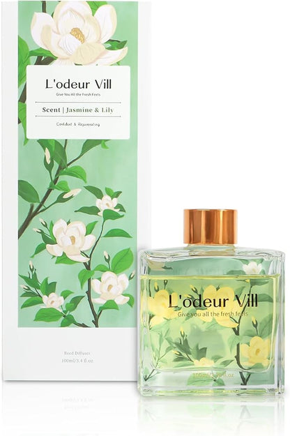 L'odeur Vill Reed Diffuser Set/Jasmine & Lily/3.38 fl.oz（100ML）/1 Pack with 6 Reed Sticks/Home Fragrance Diffuser, Oil Scent Diffuser for Bathroom Shelf Decor.