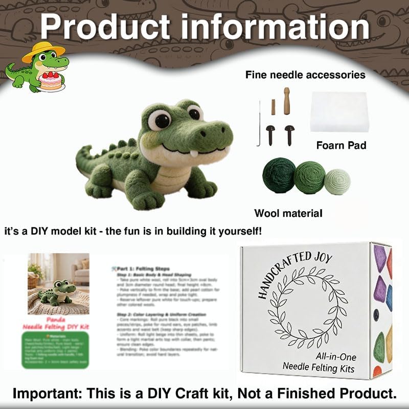 DIY Needle Felting Kit Cute Crocodile Alligator – Needle Felting Starter Kit with Fiber Roving, Needles, Felting Pad & Instructions | Felted Reptile Animal Kit for Beginners Adults | DIY Craft Gift - Image 3