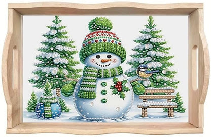 DoxQcs DIY Diamond Art Wooden Food Tray with Handle Diamond Painted Table Decoration Tray for Breakfast Bar Dinner Table Diamonds Art Painting for Beginners-Snowman