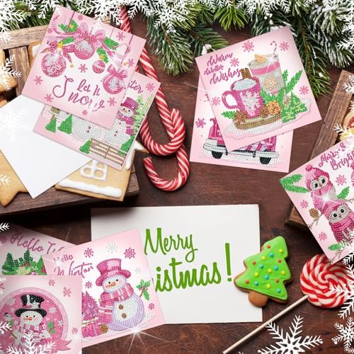 Saillong 12 Pack Pink Winter Diamond Painting Greeting Card Kits Winter Diamond Art Cards with Envelopes Snowman 5D Rhinestones Painting Making Kits for Adults DIY Craft Family Friend Holiday Gifts - Image 3