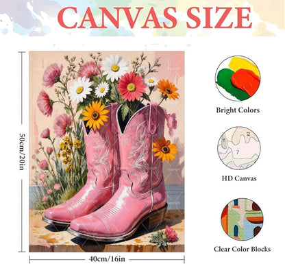 Western Paint By Numbers Kit For Adults - Diy Pink Cowboy Boots With Wildflowers Painting On Canvas 16X20 Inches, Acrylic Paint Set, Suitable For Beginners, Bedroom Wall Decor Or Gifts, Unframed - Image 2
