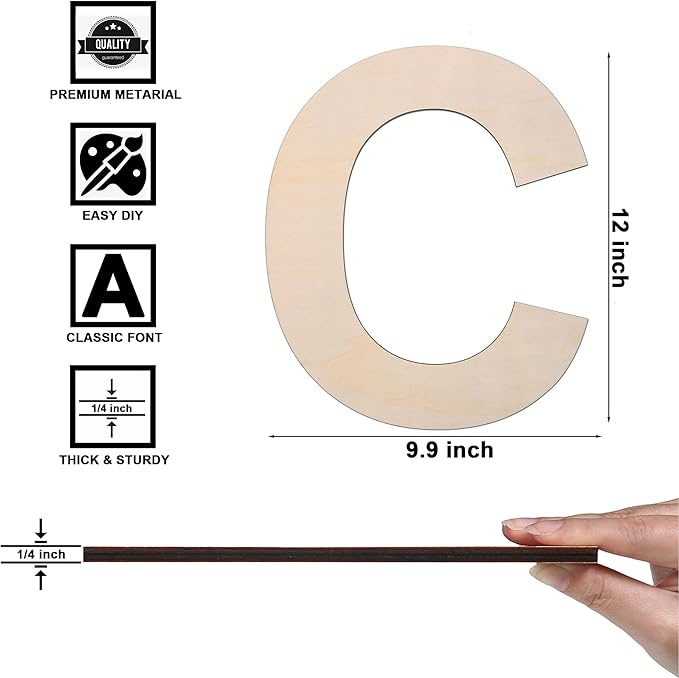 12 Inch Wooden Letter C, 1/4 Inch Thick Large Unfinished Wood Letter for DIY Crafts Home Wall Decor