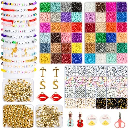 Goldwise Friendship Bracelet Kit 3 Boxes-8706 Pcs 48 Colors Bracelet Making Kits with Glass Seed, 5 Styles Letter and Number Beads with Charms, Gift Party by Goldwise