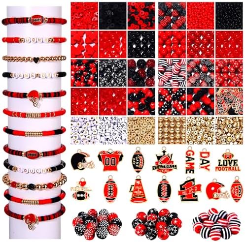 2200PCS+ Game Day Beads Charms for Bracelet Making Polymer Clay Beads Crystal Pearl Letter Gold Spacer Beads Football Charms for Game Day Bracelet Necklace Making DIY Crafts by CEALXHENY