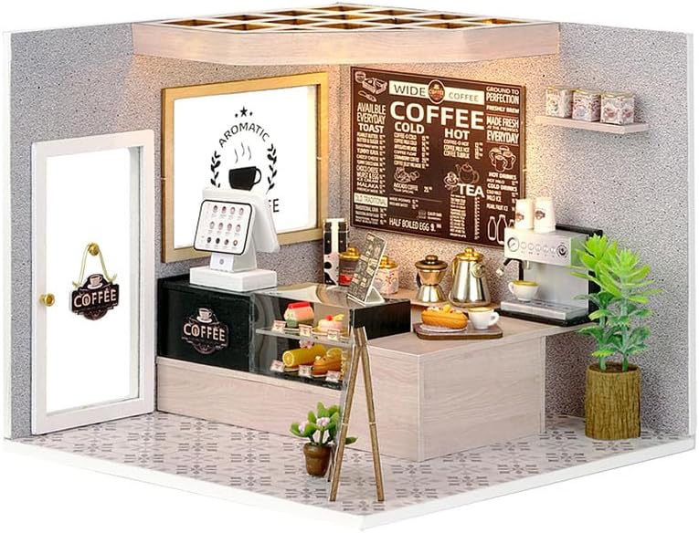 CUTEROOM DIY Miniature House Kit - Mini Craft Rooms for Adults with LED Lights, Realistic Mini Dollhouse Kit Building Model Kit, Creative Home Decor Gift- Leisure Coffee Shop by CUTEROOM