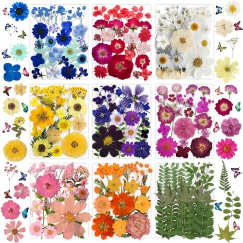 Bulk 410Pcs 11 Packs Mixed Real Natural Dried Pressed Flowers, Leaves & Pressing Floral Butterfly Stickers for Resin Molds, DIY Crafts, Jewelry Making, Candle & Soap Making with Tweezers by Unknown