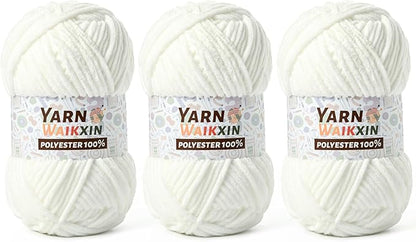 3 Pack Soft Chenille Yarn for Crocheting, Fluffy Chunky Crochet Yarn for Baby Blanket, (5.29oz/196.8yds) Fuzzy Velvet Yarn for Amigurumi&DIY Puzzle、Crafts、Scarf(3 Snow White)