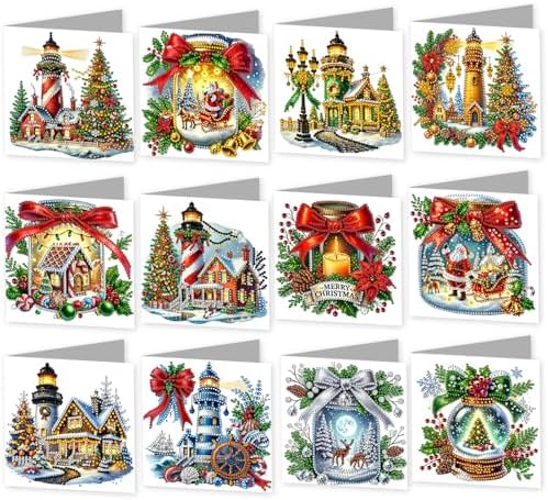 jinglinhh 12pcs Diamond Art Painting Christmas Lighthouse Tree Santa Greeting Cards with Envelopes, DIY Card Making Kits for Adults, Diamond Art Christmas Cards for Holiday Gifts by Unknown