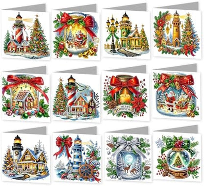 jinglinhh 12pcs Diamond Art Painting Christmas Lighthouse Tree Santa Greeting Cards with Envelopes, DIY Card Making Kits for Adults, Diamond Art Christmas Cards for Holiday Gifts by Unknown