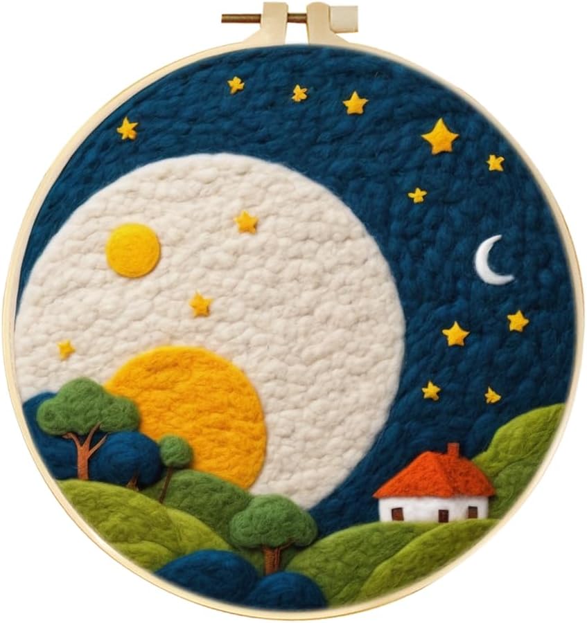 YEESAM ART Needle Felting Picture Kits Moon Night Cottage for Beginners Adults, DIY Wool Felt Painting Starter Kit with Frame and Tools for Home Decor by YEESAM+ART