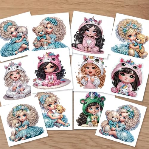 C'eitura 12Pcs Cartoon Girl Diamond Art Painting Greeting Card Kit with Envelopes, DIY Cute Theme Christmas Birthday Thanksgiving Card Making Set, Cute Style Handmade Card Craft - Image 4