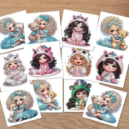 C'eitura 12Pcs Cartoon Girl Diamond Art Painting Greeting Card Kit with Envelopes, DIY Cute Theme Christmas Birthday Thanksgiving Card Making Set, Cute Style Handmade Card Craft - Image 4