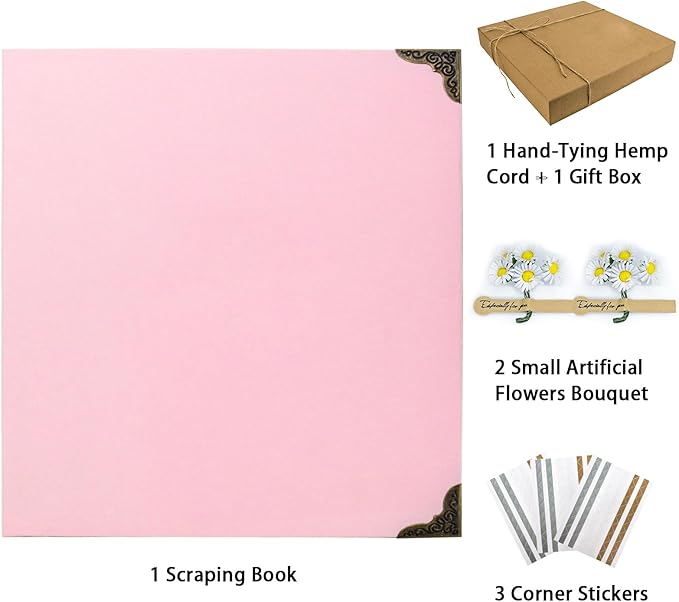 Scrapbook Album 12" x 12" DIY Scrapbook Photo Album Hardcover Kraft Paper 3 Rings Memory Book for Wedding, Anniversary, Travel, Family, Pink