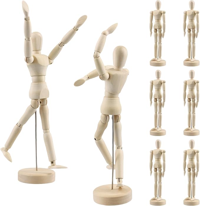 PINGEUI 8 Pack 8 Inch Wooden Artists Model, Wooden Art Figure Model with Stand, Movable Wooden Manikin for Artists, Sketching