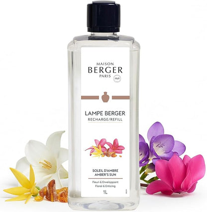 Maison Berger Amber’s Sun Lampe Berger Refill, 1 Liter (33.8 fl oz), 2-in-1 Catalytic System, Neutralizes Odors and Diffuses Fragrance, Tuberose, Jasmine, Made in France