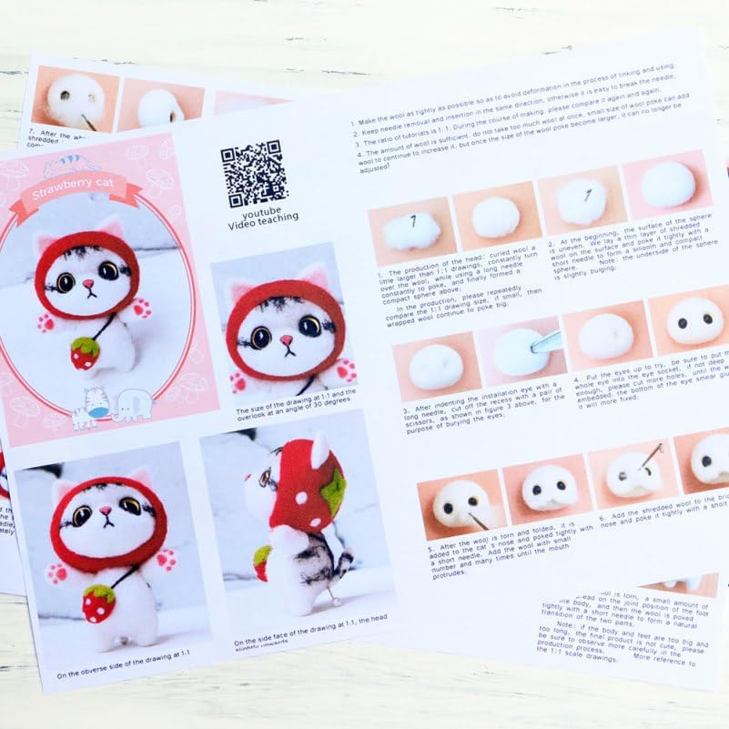 Healifty Needle Felt Kit for Cartoon Cat Ornament Strawberry Kitty DIY Wool Felting Supplies with Punch Needle Lanyard Doll Eyes and Manual for Kids and Adults 2.95 X 1.37 X 2.16 in - Image 4