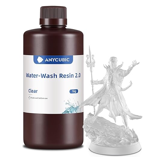 ANYCUBIC Water Washable Resin 2.0, 3D Printer Resin with Low Viscosity and Fast Printing, 405nm High Precision UV-Curing 3D Resin, Photopolymer Resin for 8K Capable LCD DLP 3D Printing (Clear, 1kg)