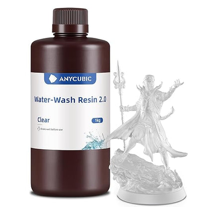 ANYCUBIC Water Washable Resin 2.0, 3D Printer Resin with Low Viscosity and Fast Printing, 405nm High Precision UV-Curing 3D Resin, Photopolymer Resin for 8K Capable LCD DLP 3D Printing (Clear, 1kg)