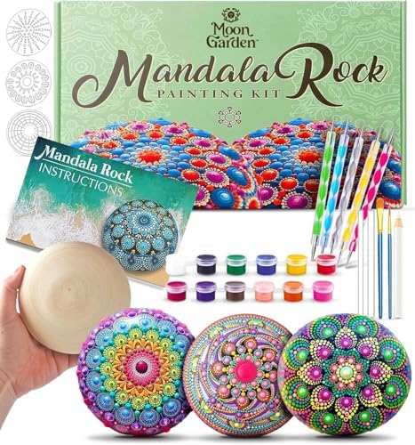 MoonGarden Mandala Rock Painting Kit - Mandala Dotting Tools Kit - Large Wooden Rocks for Painting, Stencils, Acrylic Paints, Dotting Tools for Rocks - Dot Art Kit for Adults & Kids by Moon+Garden