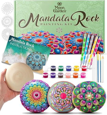 MoonGarden Mandala Rock Painting Kit - Mandala Dotting Tools Kit - Large Wooden Rocks for Painting, Stencils, Acrylic Paints, Dotting Tools for Rocks - Dot Art Kit for Adults & Kids by Moon+Garden