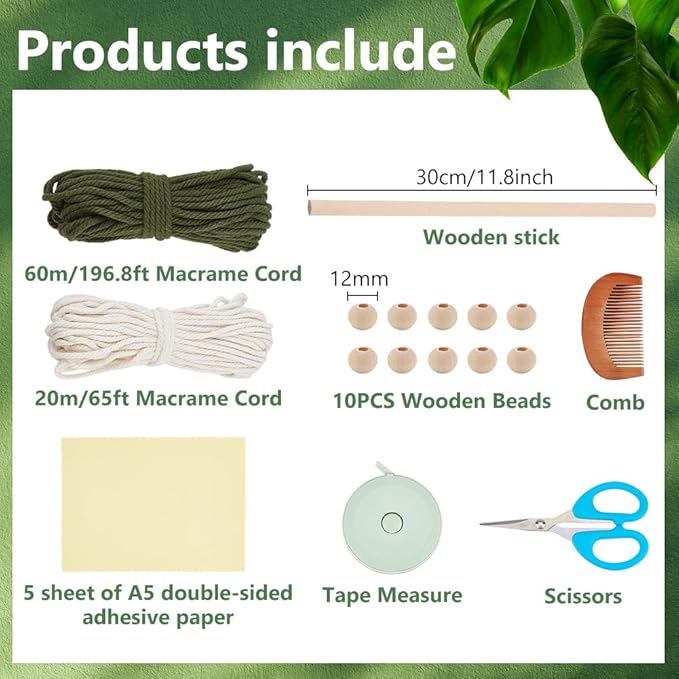 FREEBLOSS DIY Macrame Leaf Wall Hanging Beginners Macrame Kit Leaf Woven Tapestry Feather Wall Hanging DIY Macrame Kit for Adults Birthday Gift (Green Tassels)