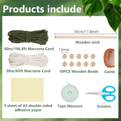 FREEBLOSS DIY Macrame Leaf Wall Hanging Beginners Macrame Kit Leaf Woven Tapestry Feather Wall Hanging DIY Macrame Kit for Adults Birthday Gift (Green Tassels)