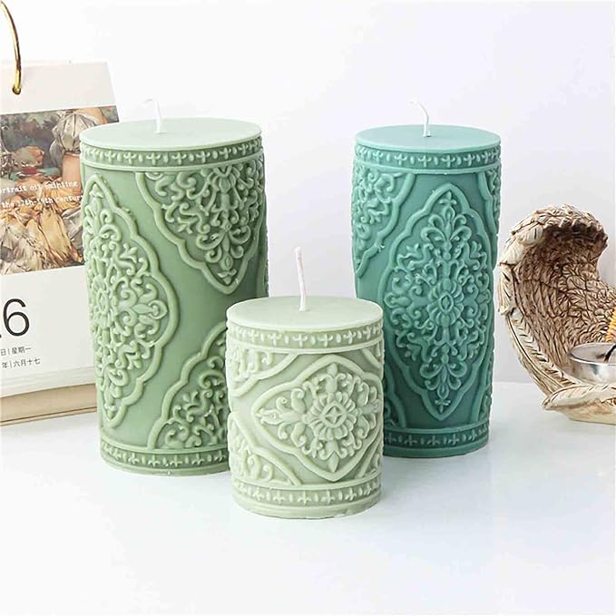 Grainrain 3D Large Lace Flower Column Silicone Candle Mold Decorated Pillar Candle Mould Handcrafted Silicone Molds for Candle Wax Resin Gyspum Crafts Making Large Size (ZH025)