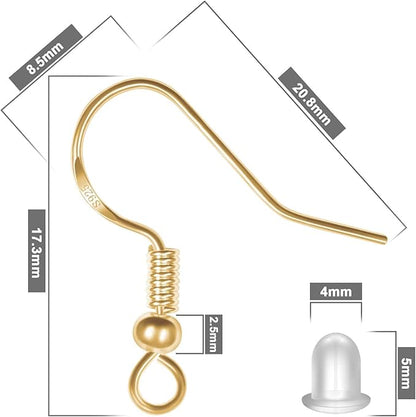925 Sterling Gold Earring Hooks 120 PCS/60 Pairs, Ear Wires Fish Hooks, Hypo-allergenic Jewelry Findings Parts with 120 PCS Clear Silicone Earring Backs Stoppers
