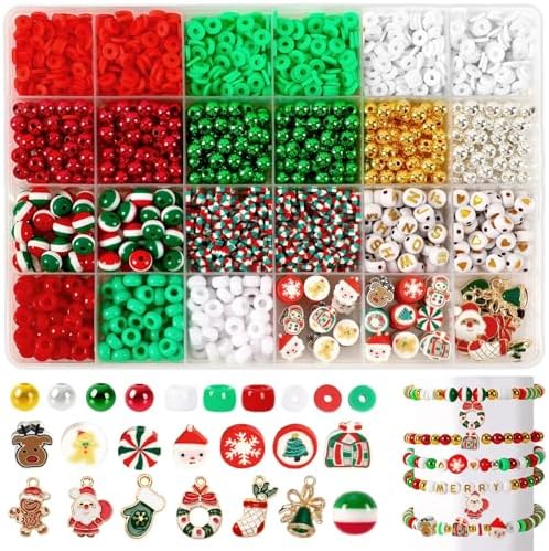 UPINS Christmas Bracelet Making Kit Red Green Clay Beads with Xmas Charms by UPINS