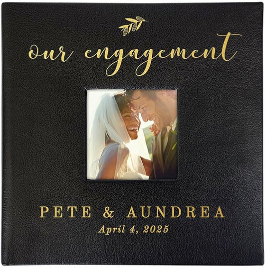 Personalized Engagement Photo Album, Holds 200 4" x 6" Photos, Engraved Our Engagement Leatherette Picture Album, Engagement Gifts For Couples, Black