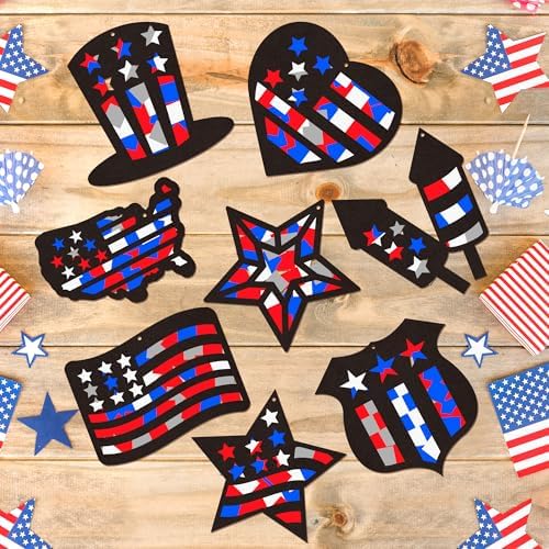 CJiangpo 24 Sets Independence Day Suncatcher Paper Craft Kits, DIY Stained Glass Effect Window Ornament Tissue Paper Art Craft for Classroom Activities 4th of July Patriotic Decors Party Supplies - Image 4
