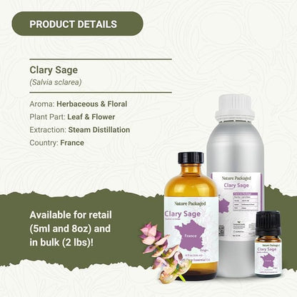 Nature Packaged Clary Sage Essential Oil - Direct from France - Steam Distilled - Aceite de Salvia Esclarea for Aromatherapy, Massage, Diffuser, DIY Candle and Soap Making - 2lbs