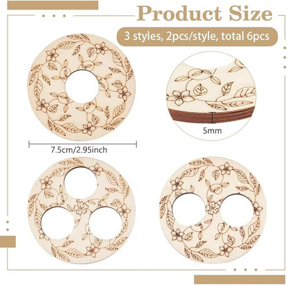 BENECREAT 6 Pcs 3 Styles Wooden Wick Centering Tool, 2.95 Inch Engraved Patterned Wick Holder, 1-Hole 2-Hole 3-Hole Candle Wick Stabilizer for Candle Making DIY
