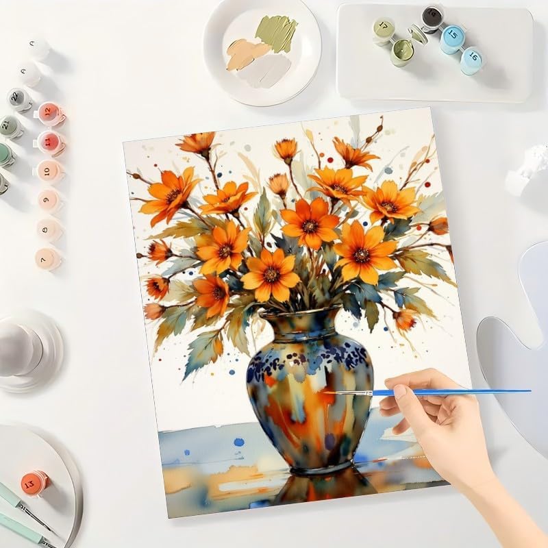 Flower Bouquet Paint by Numbers Kit for Adults - DIY Orange Wildflowers in Vase Painting on Canvas, Acrylic Paint Set, Suitable for Beginners, Art for Home Decoration or Gifts(16X20IN Framed) - Image 3