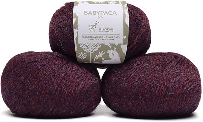 100% Baby Alpaca Yarn Wool Set of 3 Skeins (150 Grams) DK Weight - Made in Peru - Heavenly Soft and Perfect for Knitting and Crocheting (Plum, DK)