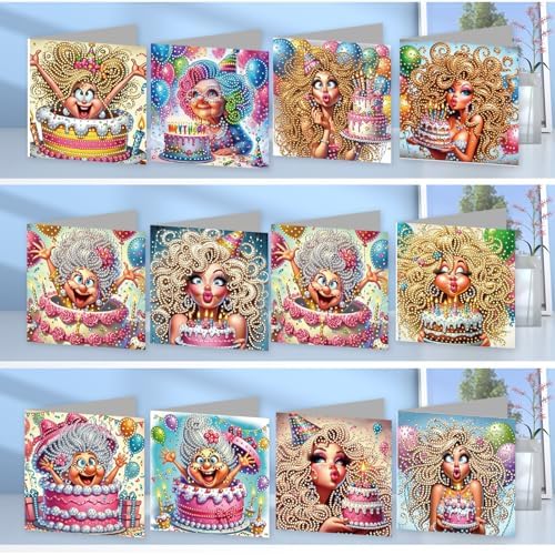 jinglinhh 12pcs Diamond Art Painting Birthday Cake Balloons Woman Greeting Cards with Envelopes, DIY Card Making Kits for Adults, Diamond Art Christmas Cards for Holiday Gifts - Image 4