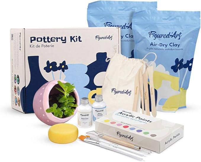 Figured'Art Pottery Kit for Adults with 4.4 lbs Premium Air Dry Clay, Ideal for Beginners, Includes Tools, Paints, Brushes, Sealers & Tutorials, No Kiln Needed