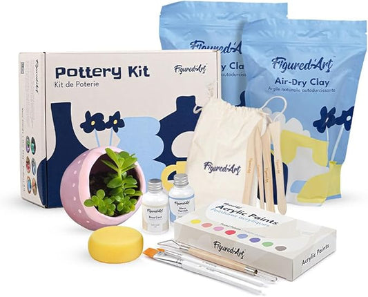 Figured'Art Pottery Kit for Adults with 4.4 lbs Premium Air Dry Clay, Ideal for Beginners, Includes Tools, Paints, Brushes, Sealers & Tutorials, No Kiln Needed