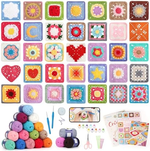 Katech Crochet Kit for Beginners, 50 Floral Granny Square Kits for Adults by Katech