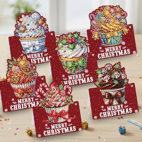 jinglinhh 6pcs Diamond Art Painting Christmas Cupcake Greeting Cards with Envelopes, DIY Card Making Kits for Adults, Diamond Art Christmas Cards for Birthday Holiday Postcards - Image 5